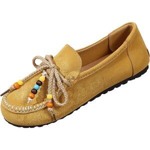 Women's Yellow Beaded Round Toe Slip On Flats Walking Flats Slipper Shoes